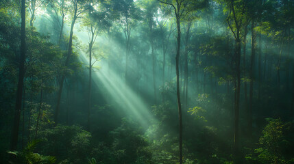 Obraz premium 清晨阳光透过绿色茂密的森林