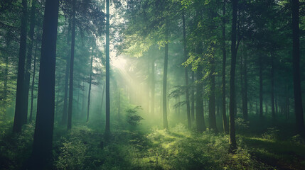 Naklejka premium 清晨阳光透过绿色茂密的森林