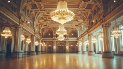 Obraz premium A magnificent ballroom featuring exquisite crystal chandeliers and vintage decor, capturing the opulence of a bygone era.