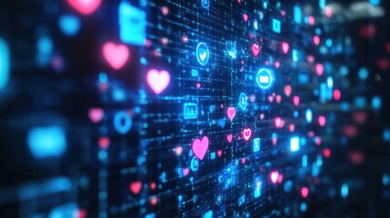 A digital marketing banner featuring social media engagement icons like likes and notifications, emphasizing online interaction