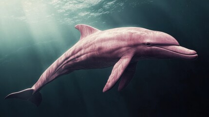 Fototapeta premium A majestic pink dolphin glides through the ocean waters, its unique appearance making it a captivating and rare sight in nature.