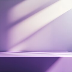  3D room studio with tabletop. Floor and wall with empty purple podium. Overlay of shadow from the window onto the tabletop. Bright violet kitchen mockup with countertop. 