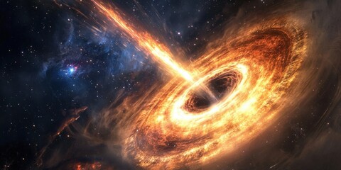 A mesmerizing cosmic scene featuring a luminous black hole in space, with swirling galaxies and vivid colors.