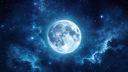 Obraz premium A mesmerizing view of outer space with a bright full moon casting light on a distant planet surface, surrounded by stars in a dark cosmic sky.