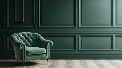  Chair in green empty room with classic wall panels frames. Studio mockup with dark modern luxury design. 
