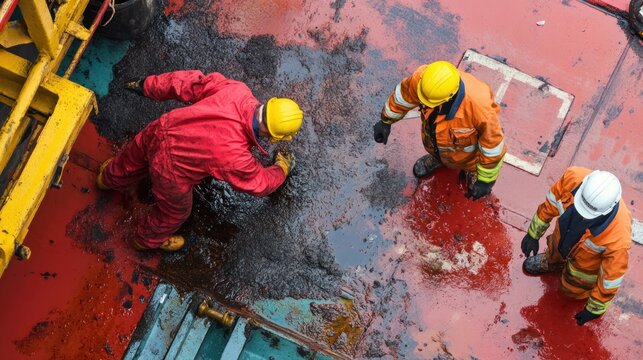 A factory worker injured after slipping on an oily surface, surrounded by emergency responders and safety inspectors securing the area