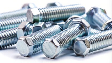 A close-up view of shiny metal bolts with hexagonal heads, showcasing intricate threading and a polished surface.