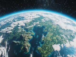 Breathtaking view of a vibrant planet with lush greenery and expansive blue oceans under a starry sky.