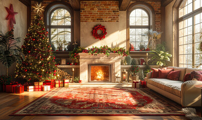 Cozy Living Room with Decorated Christmas Tree and Fireplace, Sunlit Holiday Scene with Presents and Festive Ornaments, Warm Seasonal Interior, Celebratory Home Atmosphere, Christmas Morning Vibes