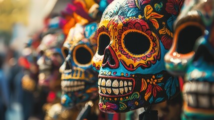 Fototapeta premium Artistic Day the Dead masks with intricate designs and vibrant colors showcased in a cultural setting