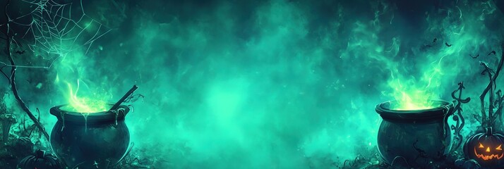 Spooky Spider Web and Witch Cauldron Border Design with Glowing Green Mist for Halloween Banner