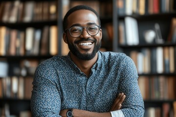 Fototapeta premium A cheerful man wearing a floral shirt stands with crossed arms in a cozy library. Shelves filled with various books create a warm atmosphere, highlighting his friendly demeanor and self-assured expres