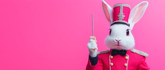 rabbit wearing a marching band uniform and a tall hat, on a pink background.
