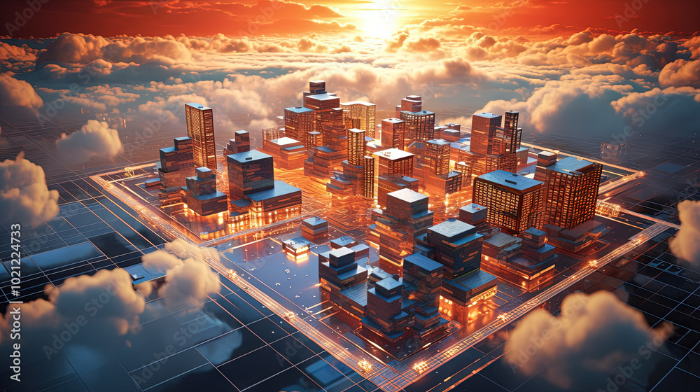 Poster Concept of a digital city with cloud connections. Futuristic network in the clouds.