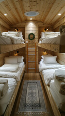 Cozy Hostel Dormitory Room with Wooden Bunk Beds and Soft Lighting Creating a Warm Atmosphere for Backpackers and Travelers