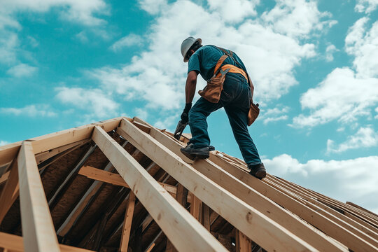 Roofer Carpenter Working on Roof Structure at Construction Site Residential Roofing Building Process