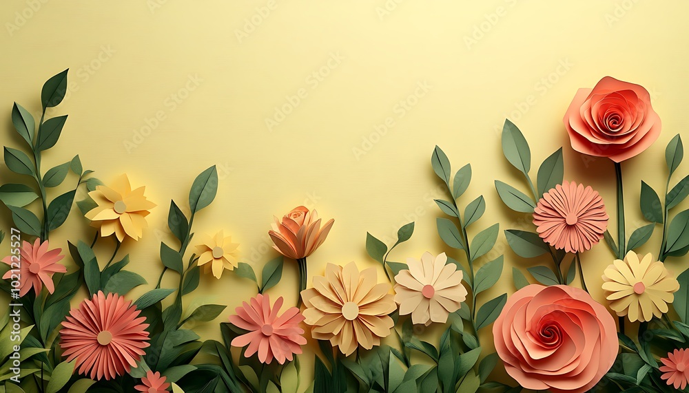 Poster a vibrant arrangement of colorful paper flowers against a soft yellow background, creating a cheerfu