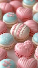 Obraz premium A variety of beautifully decorated macarons in soft pink and blue hues are arranged on a white surface, showcasing intricate designs and heart shapes. These sweet treats create an appealing display pe