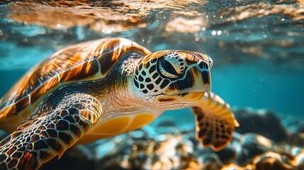 Fototapeta premium Close-up of a Sea Turtle Swimming Underwater with its Head Pointed Upwards
