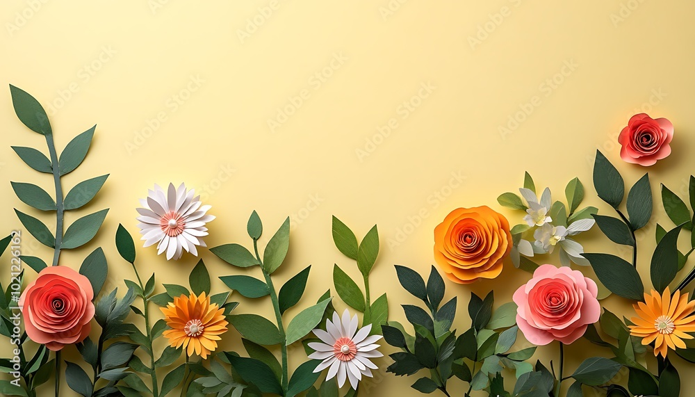 Poster a vibrant arrangement of various flowers and leaves against a soft yellow background, creating a che