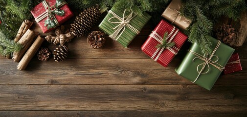A beautifully arranged collection of Christmas gifts wrapped in vibrant red and green, surrounded by pinecones and festive greenery on a rustic wooden table.