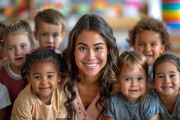 Portrait of a happy preschool teacher in a classroom