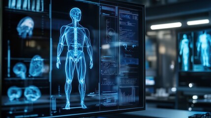 Obraz premium A futuristic display showing human anatomy and health data in a high-tech environment.