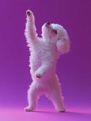 Surreal Photograph of a Bichon Frise Dog Performing the Dab Gesture on a Vibrant Amethyst Background