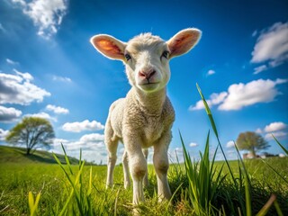 Obraz premium Adorable lamb grazing in a lush green meadow under a clear blue sky during a sunny spring day