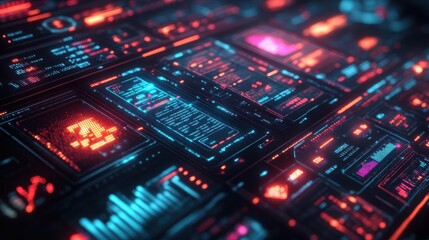 Obraz premium Cryptocurrency analytics platform, interactive market data visualization, modern interface, Techno-futuristic, 3D render, Neon colors, High Resolution