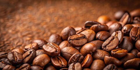 Fototapeta premium A close-up view of a pile of dark roasted coffee beans with a blurred brown background.