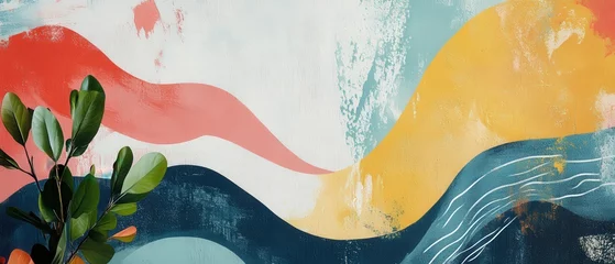 Fotobehang Vibrant abstract mural with flowing colors and green foliage on the side. © Adil
