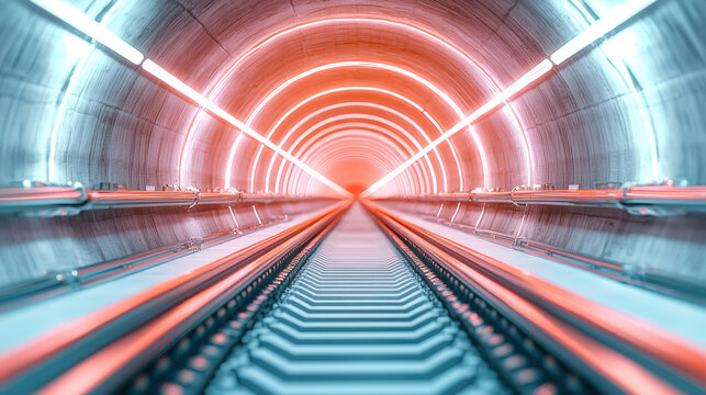 Futuristic neon lit tunnel with high tech design and railway tracks