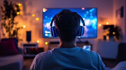 A gamer customizing their gaming environment to support their neurodiverse needs, with soft lighting and calming sounds