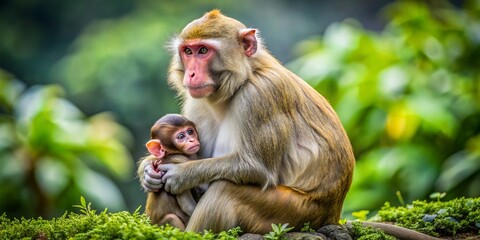 Fototapeta premium Adorable monkey caring for its young, showcasing the bond of motherhood in the animal kingdom