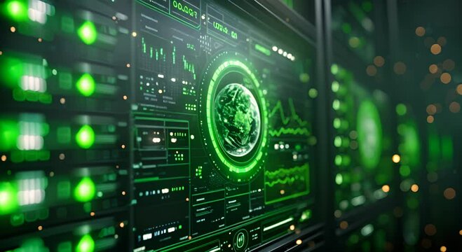 AI cybersecurity monitoring system, secure server room, dark tones, green highlights