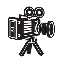 Black and White Cinema Camera Silhouette Icon - Vintage Movie Camera Vector for Film Projects.
