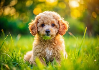 Fototapeta premium Adorable Poodle Puppy Playing in Grass - Cute, Fluffy, and Playful Companion for Dog Lovers and Pet Enthusiasts