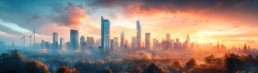 Fototapeta premium Futuristic cityscape with renewable energy sources, symbolizing the new economy