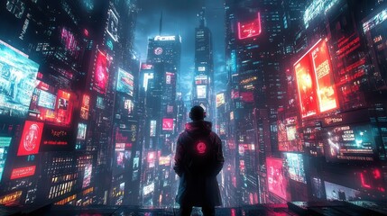 Futuristic cityscape with digital advertisements for fintech apps, neon lights, skyscrapers, urban technology, high detail, cyberpunk style