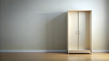A minimalist interior with a closed cabinet against a light-toned wall, featuring a wood floor and a simple white baseboard