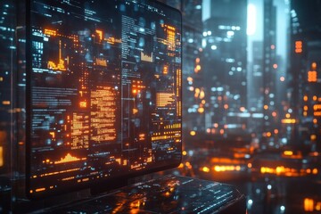 Holographic market drop, virtual business struggle, futuristic price decline, dark interface