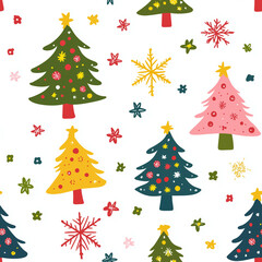 Obraz premium Geometric minimal Scandinavian Christmas trees seamless pattern with snowflakes and stars in green, red and pink on white background. For Christmas wrapping paper, greeting cards and fabric