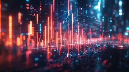 Holographic stock decline, virtual business crisis, futuristic price drop, neon digital interface