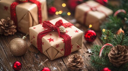 Christmas gift with red glitter ribbon and festive decorations