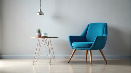 Fototapeta premium A Minimalist Living Room Featuring a Blue Armchair, a Wooden Side Table, and a Pendant Light