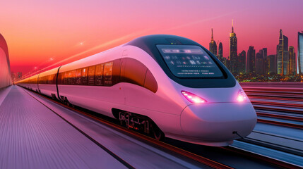 Naklejka premium Futuristic high speed train in glowing city at sunset, showcasing advanced technology