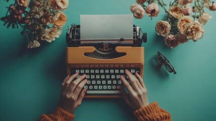 A freelance writer working on a novel, with a minimal pastel blue background that promotes calm and focus, enhancing creativity