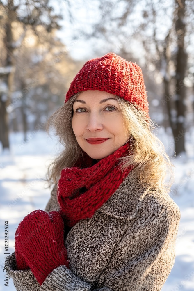 Poster Beautiful mature woman dressed in winter clothes in winter park