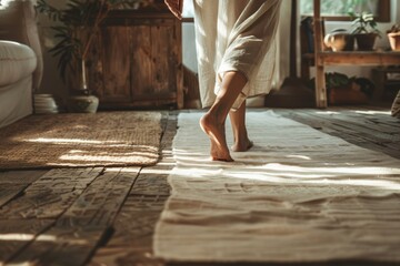 Tranquil home walk: sunlit living room with plants and warm textures